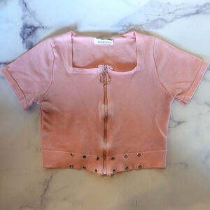 Vintage Y2K Crop Top Small Pink Zip Front Rib Knit Gromet Stretch Fairy Grunge